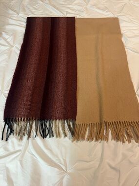 Two Wool Fringe Scarves— Burgundy and Camel